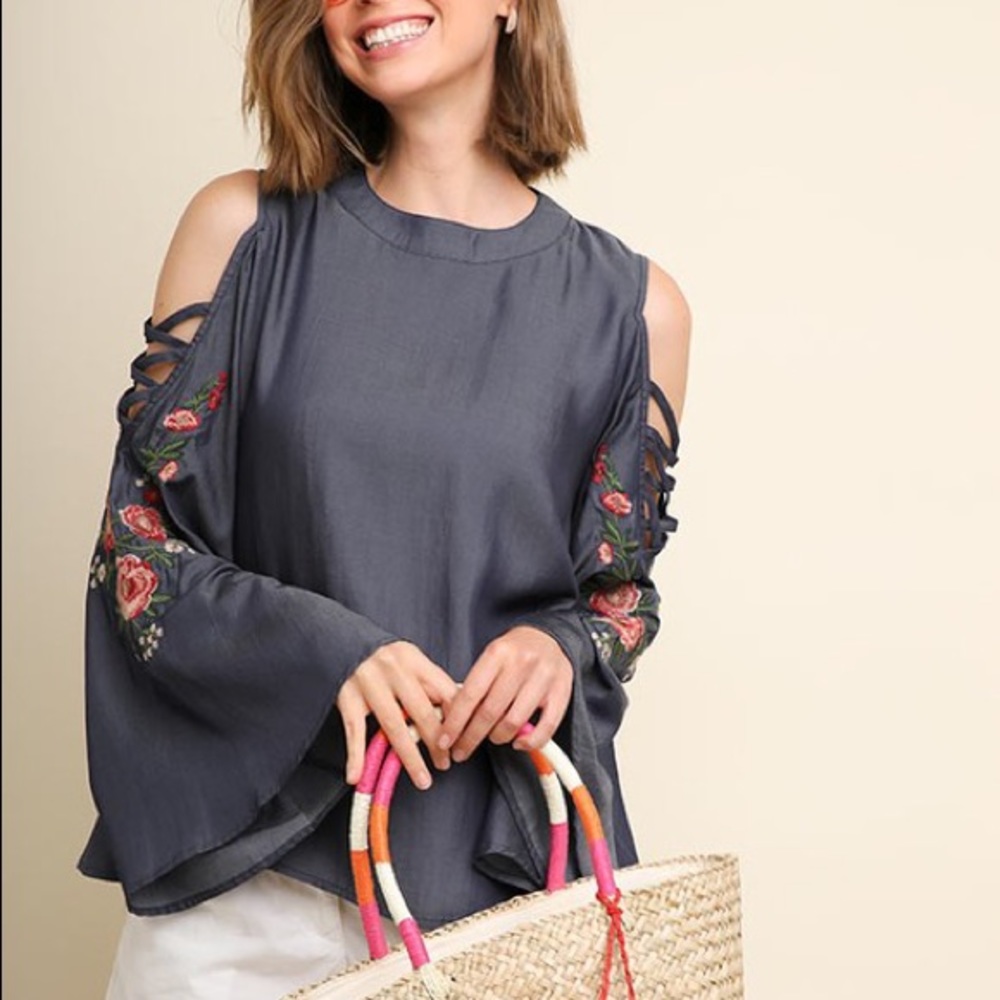Floral Embroidered Dark Denim Top